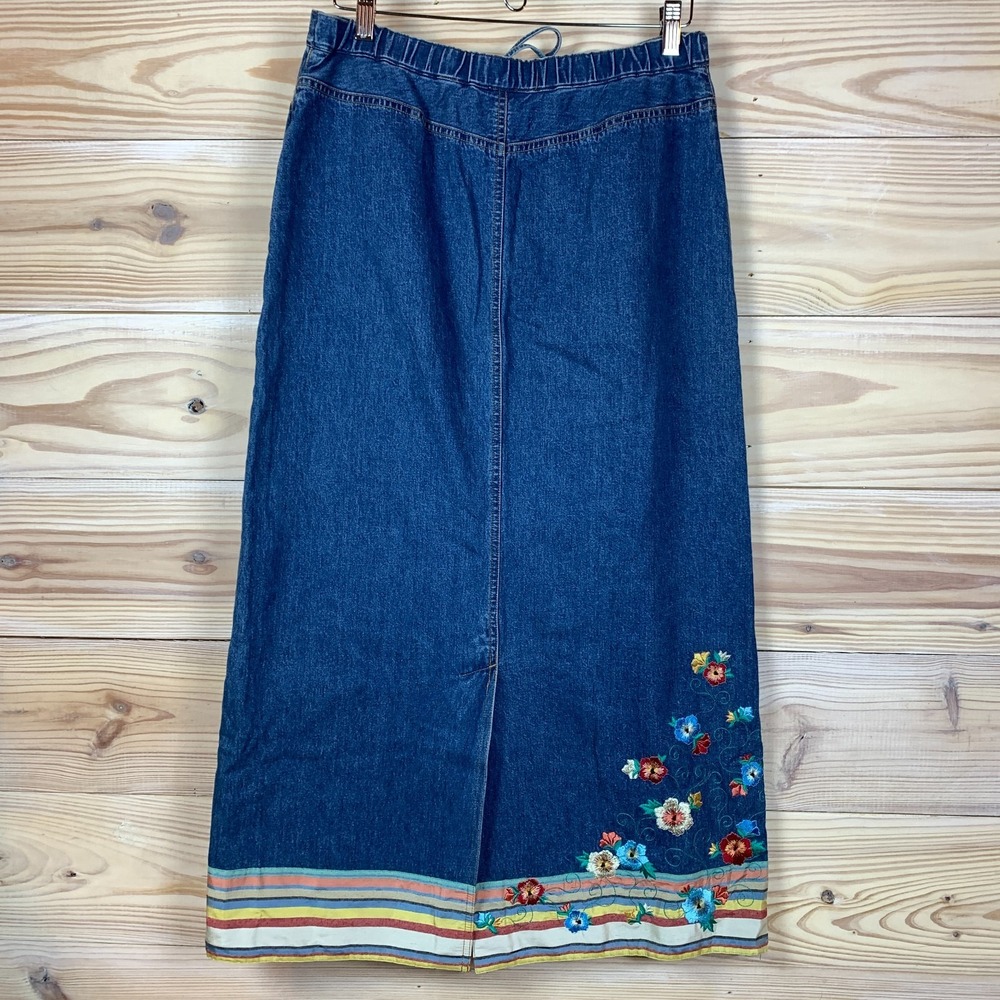 Vtg 90s August Max 1 Maxi Denim Skirt Embroidered Flowers Cottage Modest - Picture 3 of 13